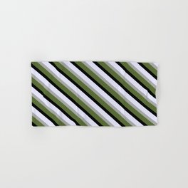 [ Thumbnail: Lavender, Dark Gray, Dark Olive Green, and Black Colored Pattern of Stripes Hand & Bath Towel ]