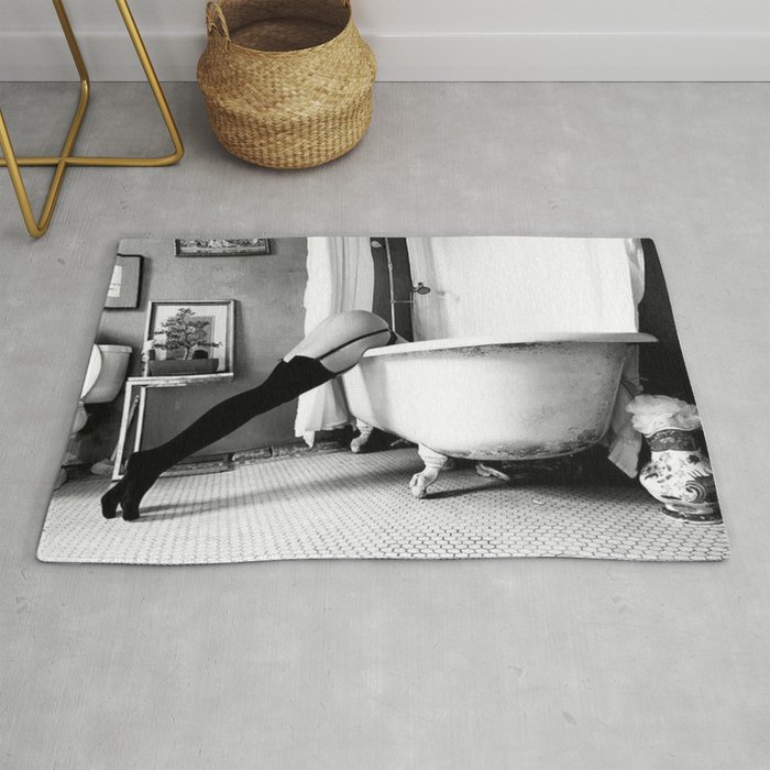 Head Over Heals - Female in Stockings in Vintage Parisian Bathtub black and white photography - photographs wall decor Rug