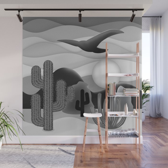 3D Desert Sunset - Black White Gray Wall Mural