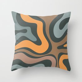 Modern Retro Liquid Swirl Abstract Slate Blue Orange Brown Taupe Throw Pillow