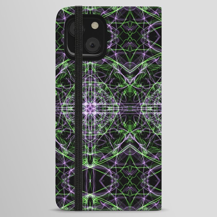 Liquid Light Series 76 ~ Green & Purple Abstract Fractal Pattern iPhone Wallet Case