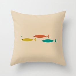 Mid-Century Modern Minimalist Fish Trio in Mid Mod Turquoise Teal, Mustard, Orange, and Beige Throw Pillow