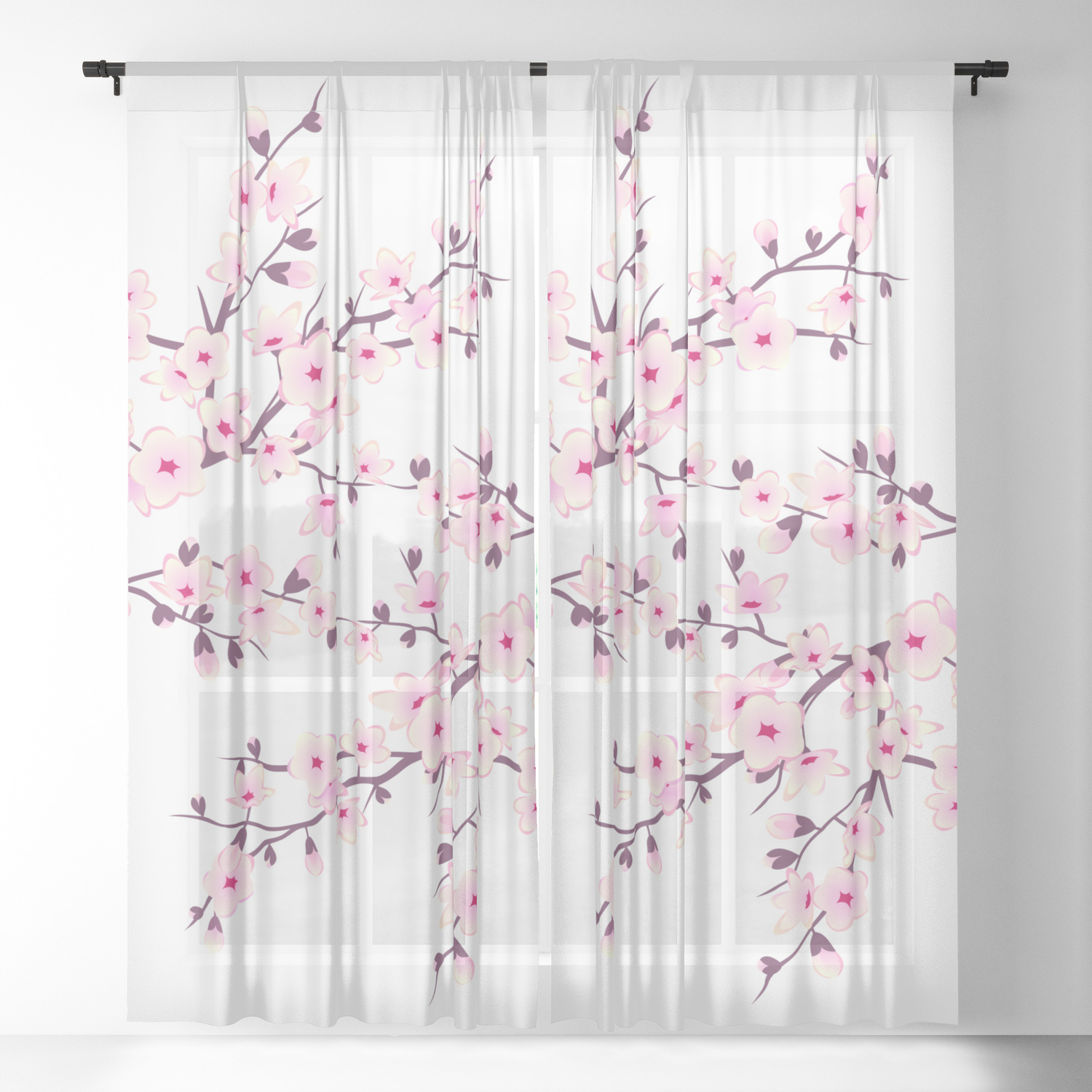 Embroidered Pink Sakura White Sheers Jacquard Shade Cloth Cheery Window Curtains 