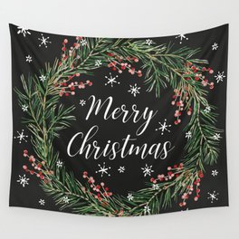 Merry Christmas wreath with berries and snow on the black Wall Tapestry
