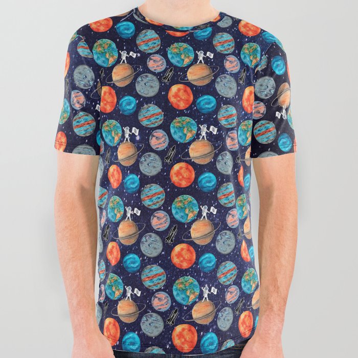 Ditsy Style Planets Astronauts and Rocket Ships on a Starry Sky All Over Graphic Tee