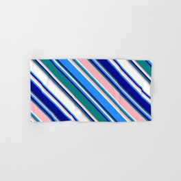 [ Thumbnail: Colorful Blue, Dark Blue, Teal, Light Pink, and White Colored Lines Pattern Hand & Bath Towel ]