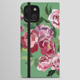 Happy peony vintage mint background iPhone Wallet Case