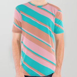 [ Thumbnail: Dark Salmon, Light Pink & Dark Turquoise Colored Stripes Pattern All Over Graphic Tee ]