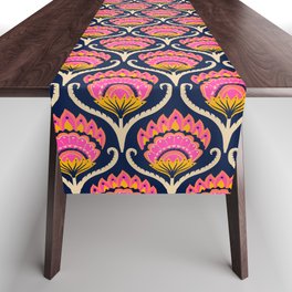Bright ethnic ogee flame floral  - Hot pink, marigold and papaya orange on midnight blue Table Runner