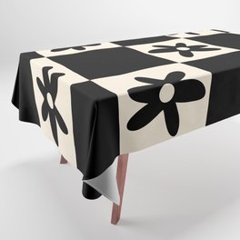 Flower Check Checkerboard Geometric Floral Pattern Black and Almond Cream Tablecloth