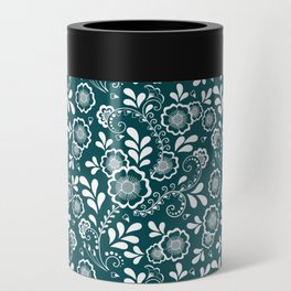 Teal Blue And White Eastern Floral Pattern Can Cooler