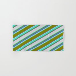 [ Thumbnail: Green, Blue, Light Gray & Turquoise Colored Striped Pattern Hand & Bath Towel ]