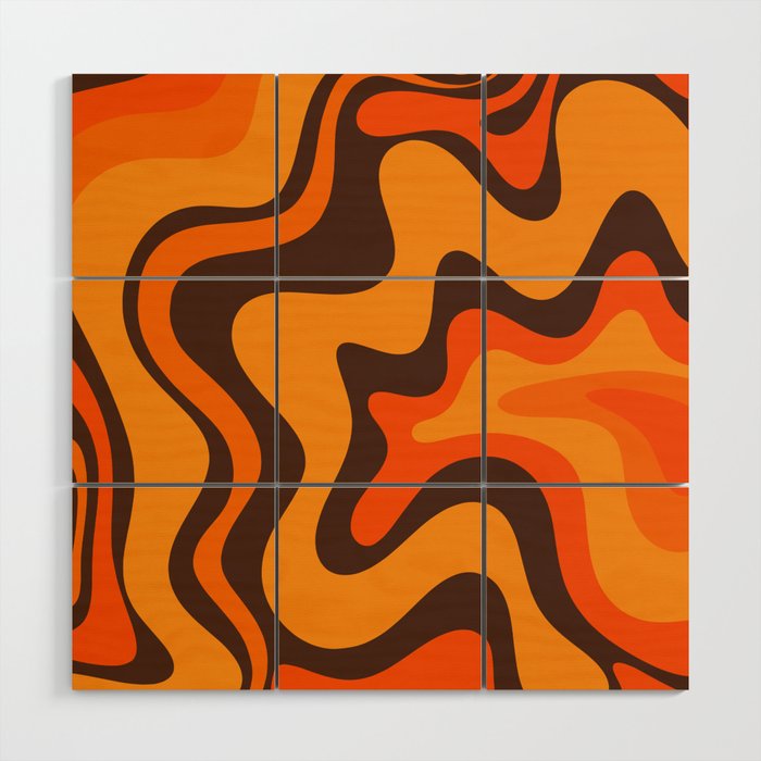 Retro Liquid Swirl Abstract Pattern in 70s Orange and Brown  Wood Wall Art