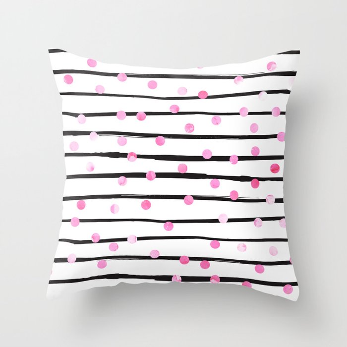 Blush pink black watercolor modern stripes polka dots Throw Pillow