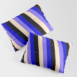 [ Thumbnail: Blue, Medium Slate Blue, Bisque & Black Colored Stripes Pattern Pillow Sham ]