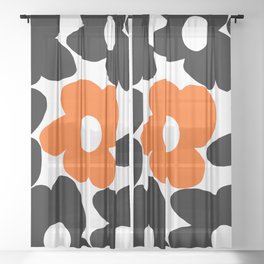 Large Orange and Black Retro Flowers White Background #decor #society6 #buyart Sheer Curtain
