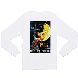 Vintage Paris La Nuit Ville Des Folies Eiffel Tower and Moon Advertising Poster Long Sleeve T-shirt