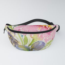 Pink Peony and Pansy Floral Bouquet - Watercolor Flowers Fanny Pack