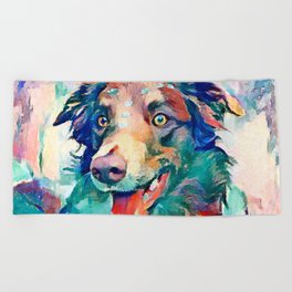 Border Collie Fun Colorful Abstract Pet Portrait Art Painting Beach Towel