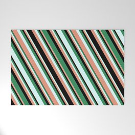 [ Thumbnail: Sea Green, Light Cyan, Dark Salmon, and Black Colored Striped/Lined Pattern Welcome Mat ]