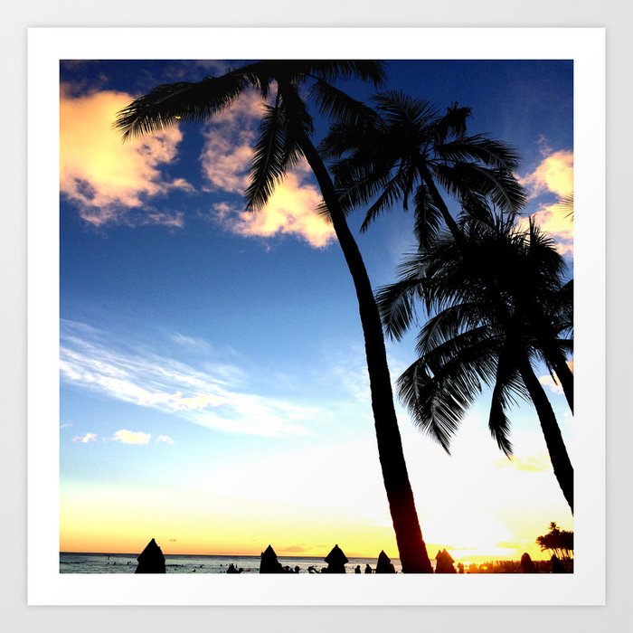 Hawaii Sunset Palm Tree Sea Beach Sky Blue Art Print