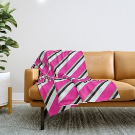 [ Thumbnail: Vibrant Green, Grey, Black, Mint Cream, and Deep Pink Colored Stripes Pattern Throw Blanket ]