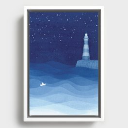 Lighthouse & the paper boat, blue ocean Framed Canvas