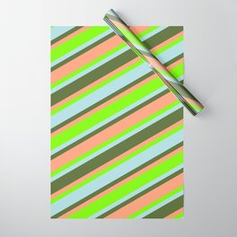[ Thumbnail: Green, Powder Blue, Dark Olive Green, and Light Salmon Colored Lines/Stripes Pattern Wrapping Paper ]