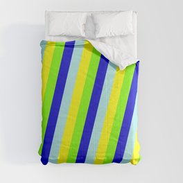[ Thumbnail: Chartreuse, Blue, Turquoise & Yellow Colored Striped Pattern Comforter ]