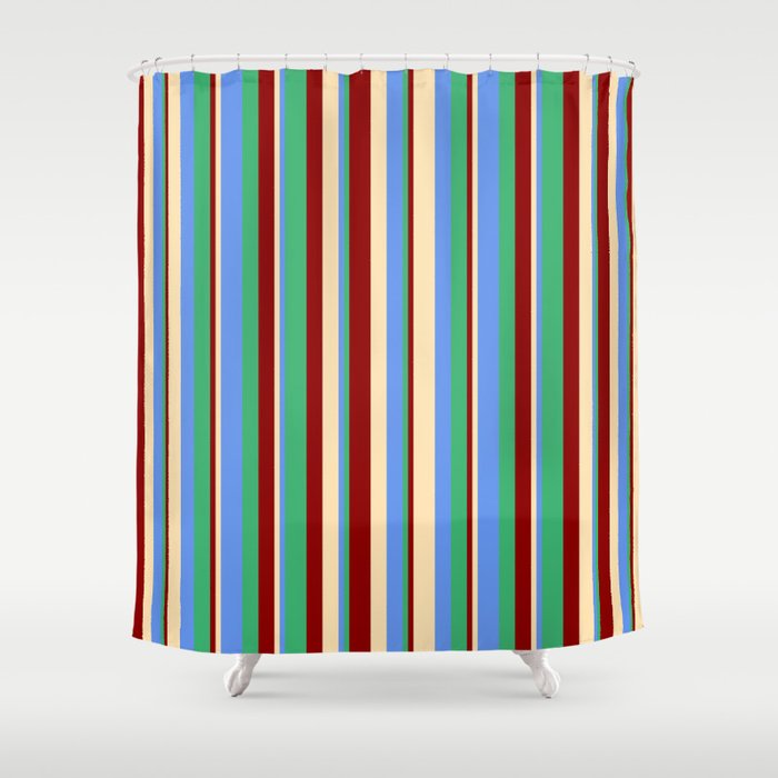 Beige, Cornflower Blue, Sea Green, and Dark Red Colored Lines/Stripes Pattern Shower Curtain