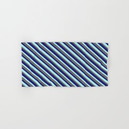 [ Thumbnail: Turquoise, Dim Gray, and Midnight Blue Colored Lined Pattern Hand & Bath Towel ]