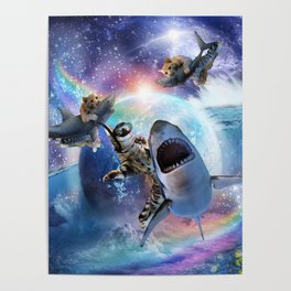 Rainbow Galaxy Cat Riding Shark In Space Poster