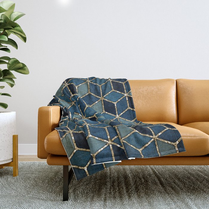 Shades Of Turquoise Green & Blue Cubes Pattern Throw Blanket