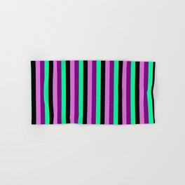 [ Thumbnail: Orchid, Purple, Green, and Black Colored Lined/Striped Pattern Hand & Bath Towel ]