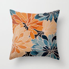 Summer in Floral Blooms of Orange and Blue Throw Pillow