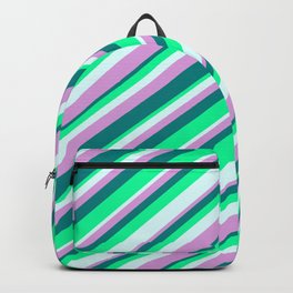 [ Thumbnail: Plum, Teal, Green & Light Cyan Colored Striped Pattern Backpack ]