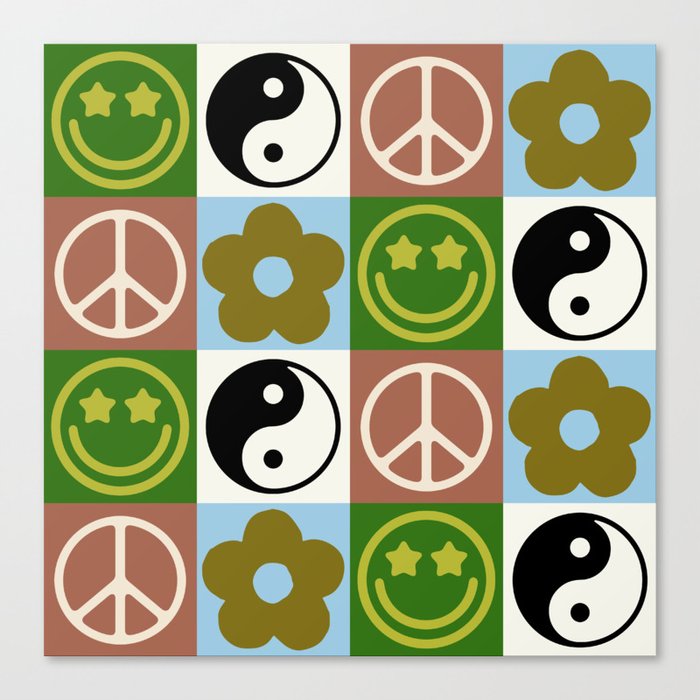 Checked Symbols Pattern (SMILEY FACE \ YIN YANG \ PEACE SYMBOL \ FLOWER) Canvas Print
