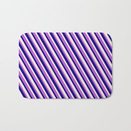 [ Thumbnail: Orchid, Blue & Beige Colored Striped Pattern Bath Mat ]