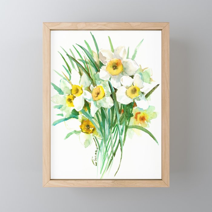 White Daffodils, spring flowers yellow green spring floral design Framed Mini Art Print
