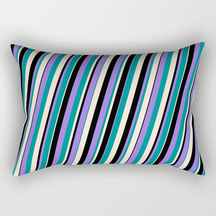 Purple, Dark Cyan, Beige & Black Colored Striped Pattern Rectangular Pillow