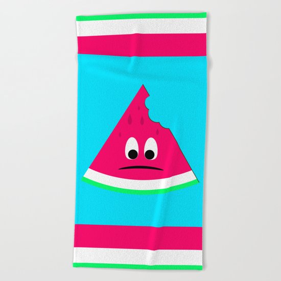 Cute sad bitten piece of watermelon Beach Towel