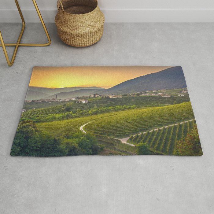 Prosecco Hills, vineyards and S.Pietro di Barbozza village at sunset. Italy Rug