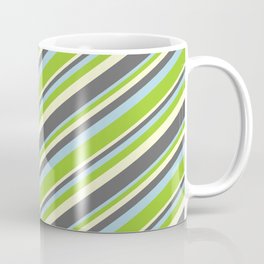 [ Thumbnail: Light Yellow, Dim Gray, Light Blue & Green Colored Lines/Stripes Pattern Coffee Mug ]