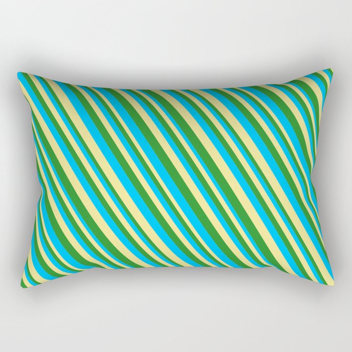 Deep Sky Blue, Tan & Forest Green Colored Striped Pattern Rectangular Pillow