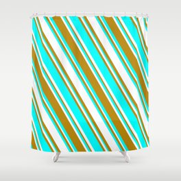 [ Thumbnail: White, Dark Goldenrod, and Aqua Colored Striped Pattern Shower Curtain ]