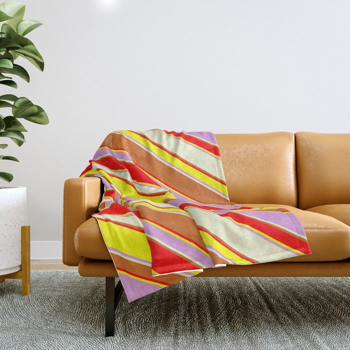 Eyecatching Red, Yellow, Plum, Light Yellow & Chocolate Colored Stripes Pattern Throw Blanket