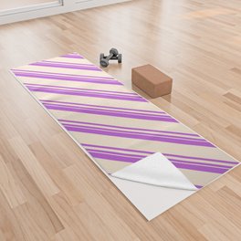 [ Thumbnail: Orchid and Beige Colored Lined Pattern Yoga Towel ]
