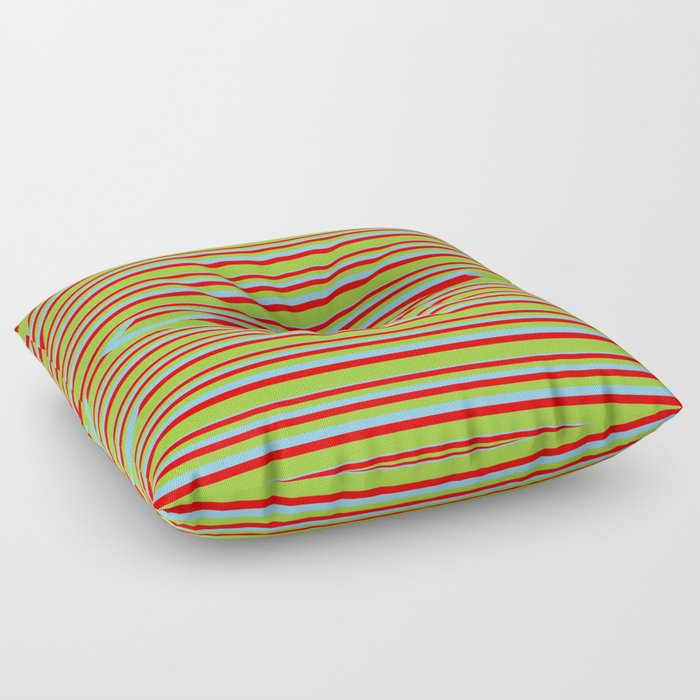 Light Sky Blue, Red & Green Colored Lines/Stripes Pattern Floor Pillow