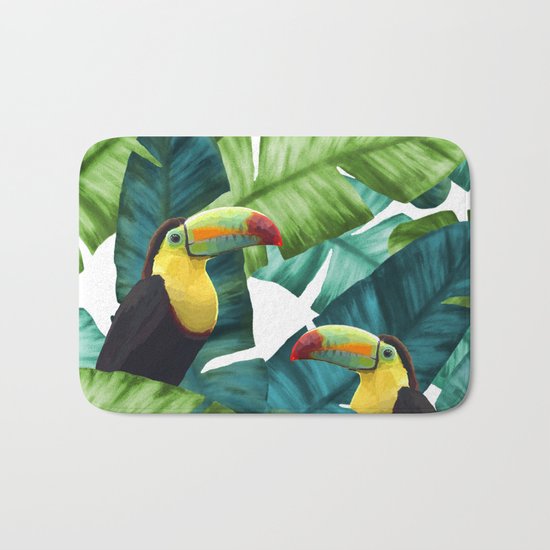 Toucans Tropical Banana Leaves Pattern Bath Mat