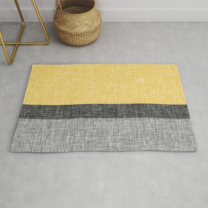 Yellow Grey and Black Section Stripe and Graphic Burlap Print Rug